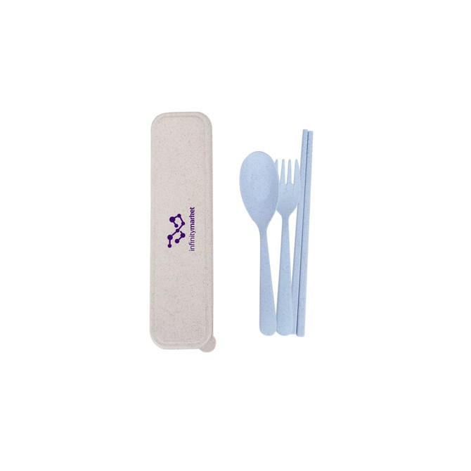 A portable utensils set featuring light blue cutlery: a spoon, fork, and chopsticks in a case with a logo.