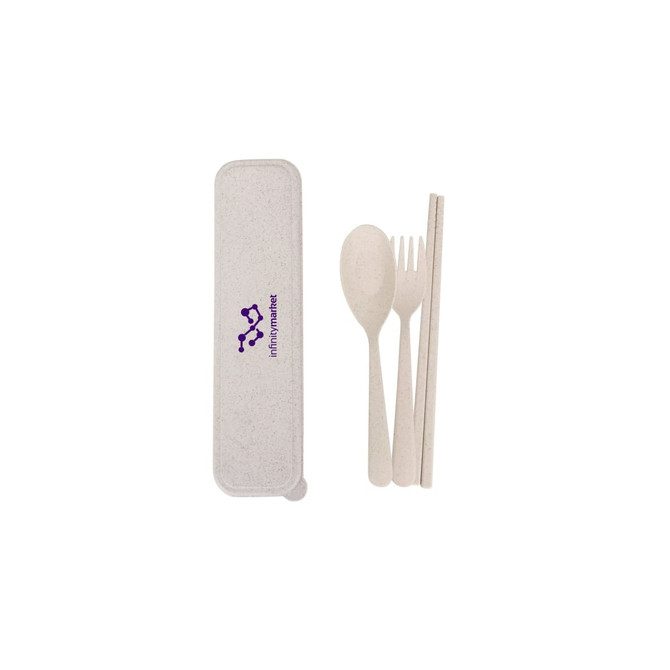 A portable utensil set in a light-coloured case, featuring a spoon, fork, and chopsticks, alongside a logo.