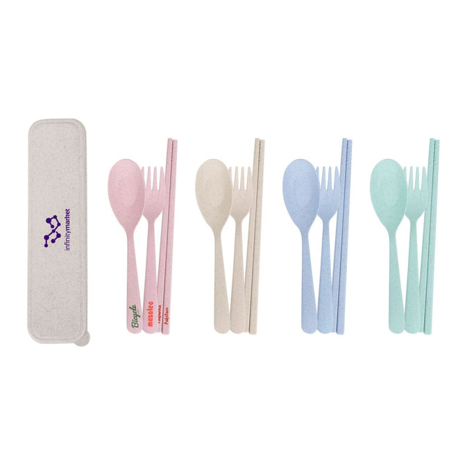 A portable utensils set featuring pink, cream, and blue cutlery, including forks, spoons, and chopsticks, in a case with a logo.