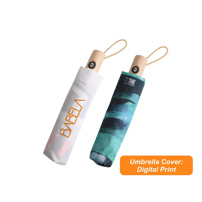 A triple folding RPET umbrella in a white cover and a blue-green design, featuring a wooden handle and a logo.