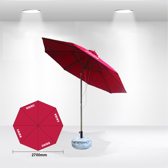 A red commercial market umbrella with a tilting feature, displayed on a white backdrop with a measurement graphic.