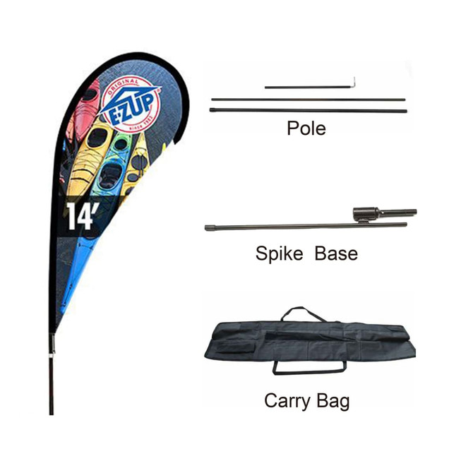 A large teardrop banner with vibrant colours, accompanied by a pole, spike base, and a carry bag.