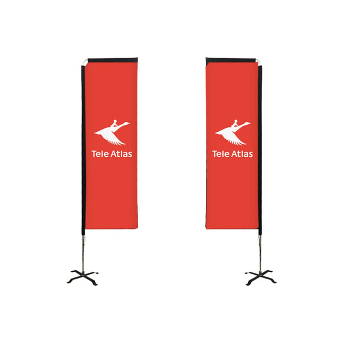 Two tall rectangular banners are displayed on black bases with a red background and a logo.