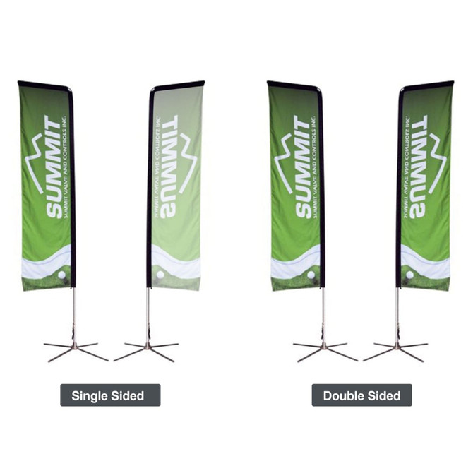 Medium rectangular banners in green, displayed single-sided and double-sided, with metal bases for support and branding logos.
