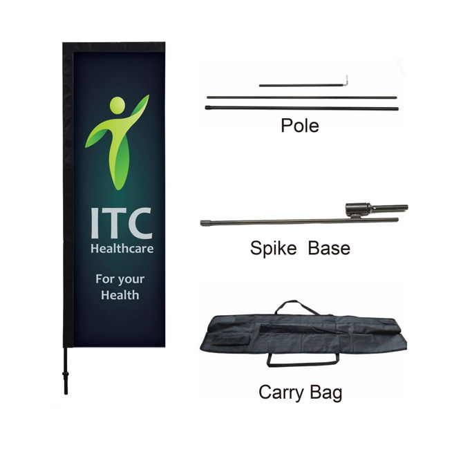 A rectangular banner in black and green, with a pole, spike base, and carry bag included.