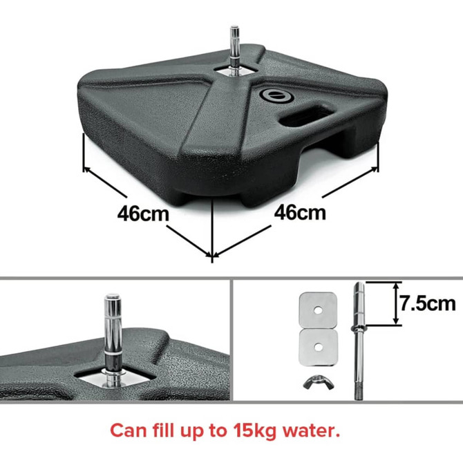 A black weighted base designed to hold banners, measuring 46cm on each side and 7.5cm high, with a water fill option.