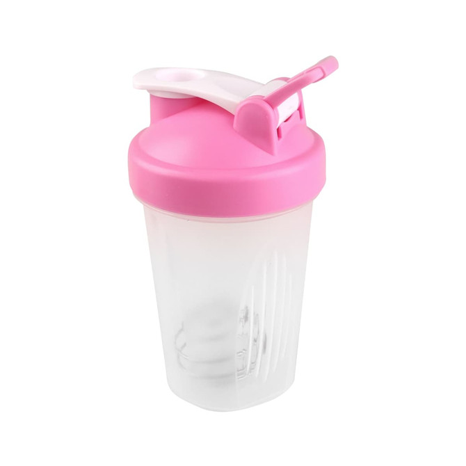 A drink bottle with a pink lid and spout, featuring a clear body and a mixing ball inside. It has a logo.