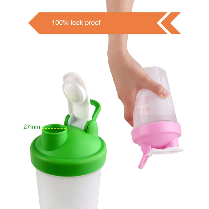 A drink bottle featuring a green lid and a pink spout, designed for fitness use with a leak-proof feature.