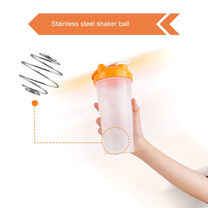 A drink bottle with an orange lid and a clear body, featuring a stainless steel shaker ball inside.