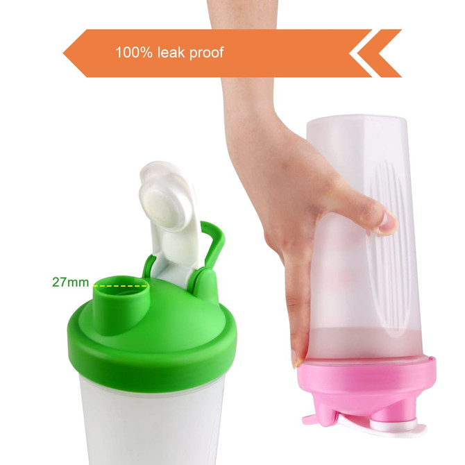 A drink bottle with a green lid and pink base, featuring a loop and a transparent body. It has a logo.