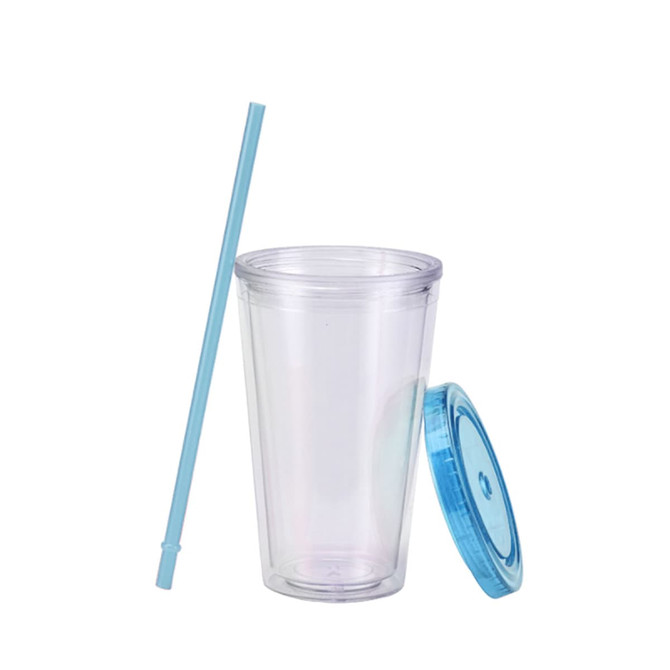 A transparent plastic cup with a blue lid and straw. The cup is 16oz sized and includes a logo.