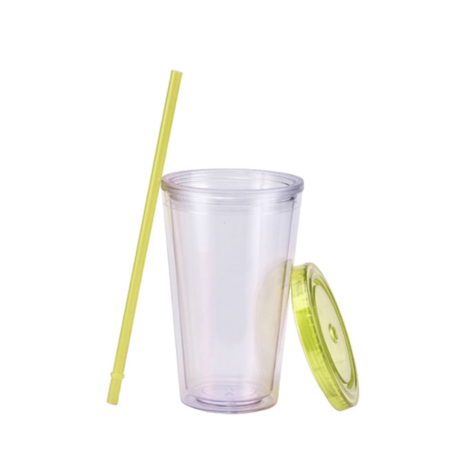 A clear plastic cup with a green lid and straw, designed for drinks. Suitable for various beverages.