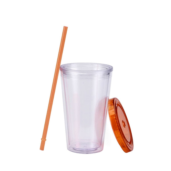 A clear plastic cup with an orange lid and matching straw, suitable for beverages.