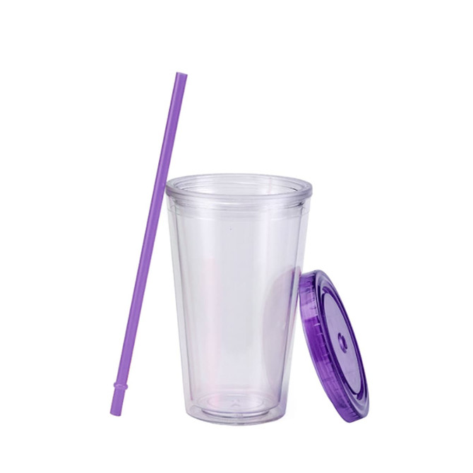 A transparent plastic cup with a purple lid and straw, suitable for various beverages.