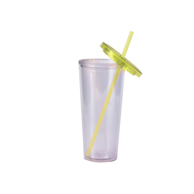 A 24oz plastic cup in a translucent design, featuring a bright yellow lid and straw.