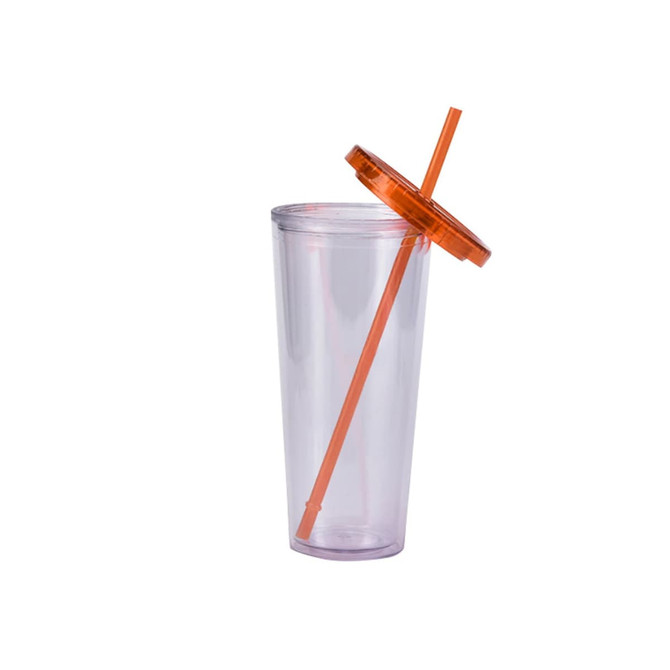 A clear plastic cup with an orange lid and straw, designed for beverages.