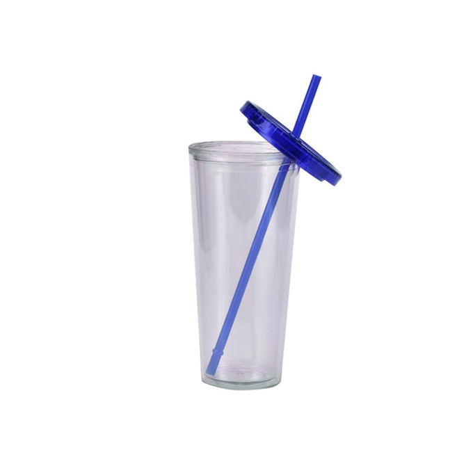 A clear plastic cup with a blue lid and straw, designed for beverages. It has a simple, sleek design.