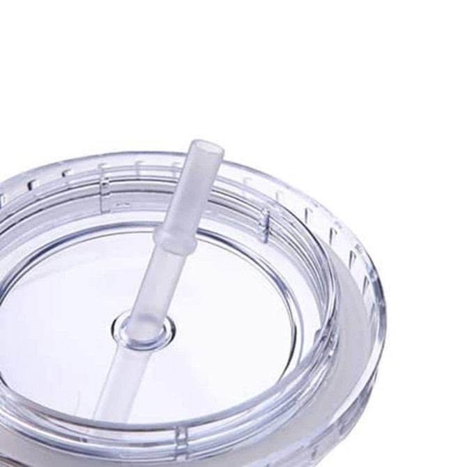 A clear plastic cup lid with a straw, designed to fit a 24oz cup. It features a sleek, modern design.