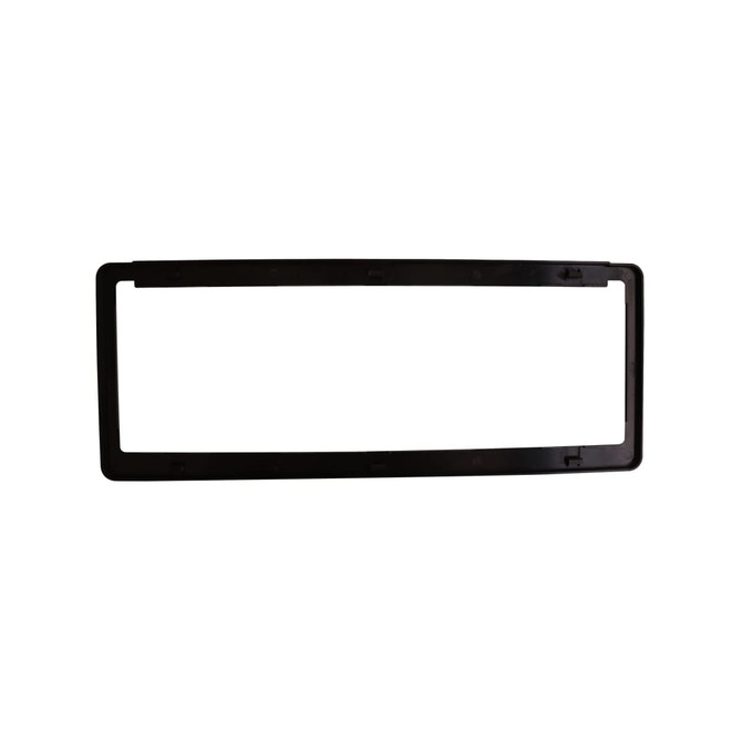 A black plastic licence plate frame with cutouts, featuring a space for a licence plate and a branding logo.