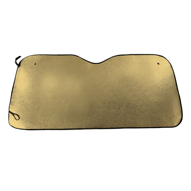 A bubble aluminium car sunshade in gold with a black edge, designed for vehicle protection from the sun.