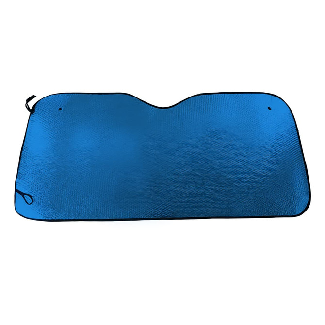 A blue bubble aluminium car sunshade with black edges, designed to block sunlight and reduce interior temperature.