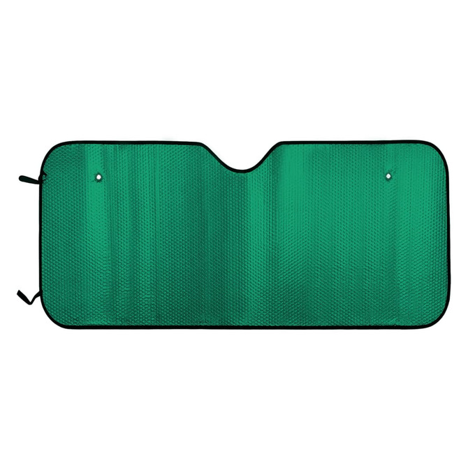 A green bubble aluminium car sunshade with a sleek design and black trim. It has securing holes at the top.