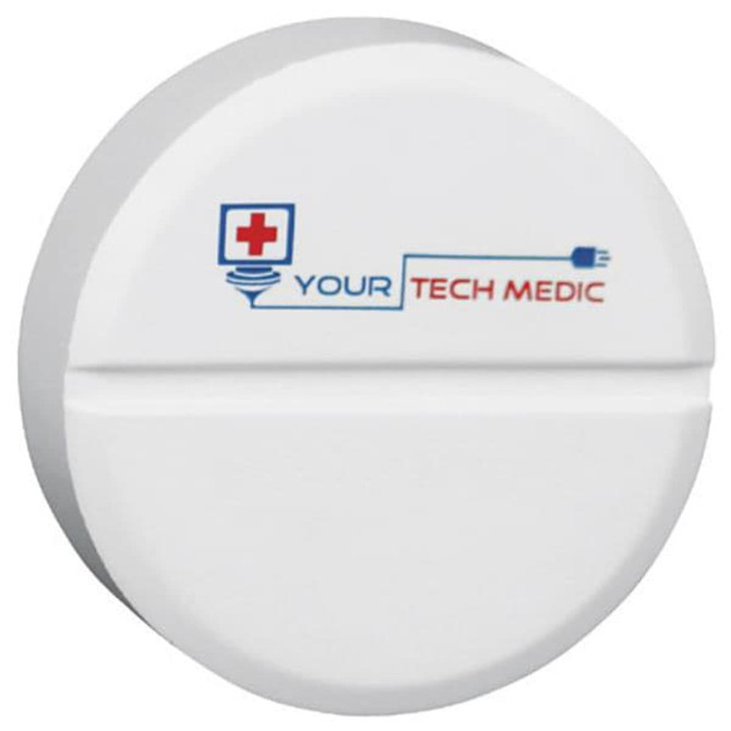 A round, white tablet-shaped stress reliever with a logo printed on the front.