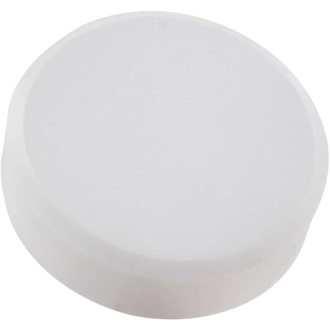 A round, white tablet-shaped stress reliever with a smooth surface and a subtle rounded edge.