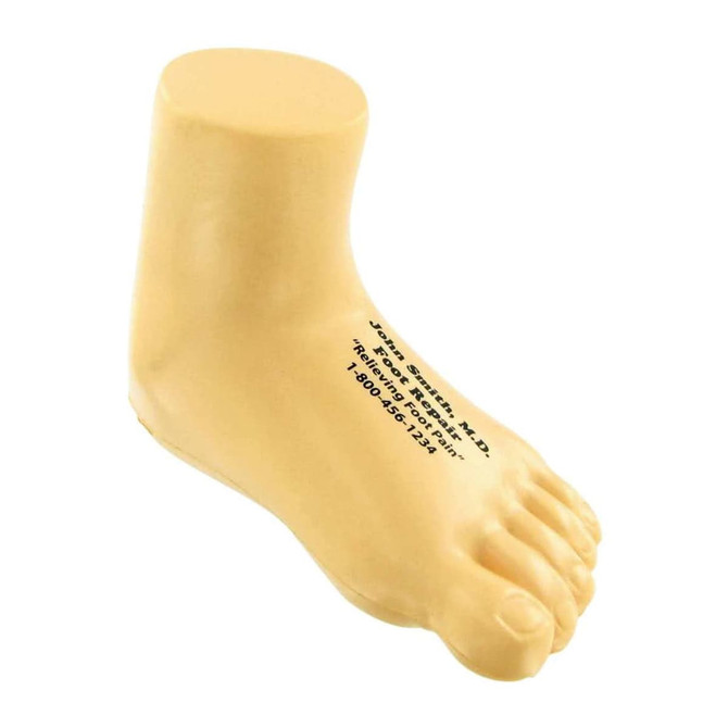 A beige leg-shaped stress reliever with a smooth finish and a logo on it.