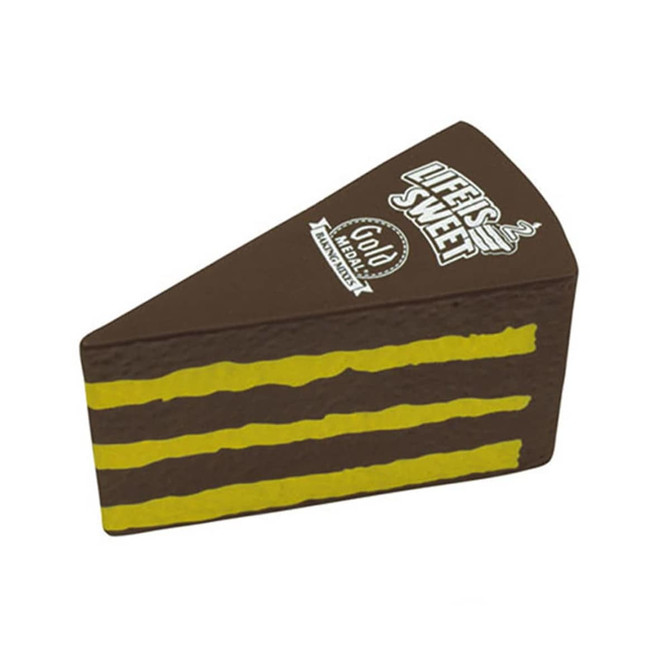 A chocolate cake-shaped stress reliever in brown and yellow colours, featuring a logo on the side.