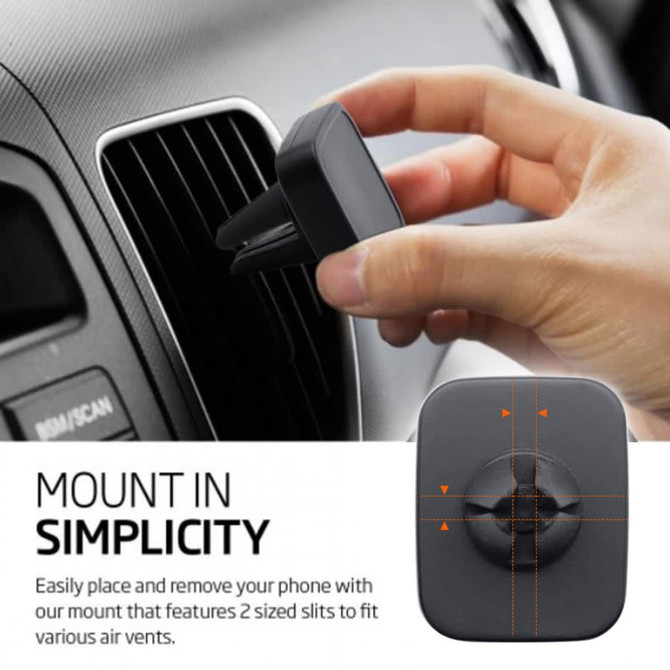 A rectangular black phone holder designed for car air vents, with a grip mechanism for securing devices.