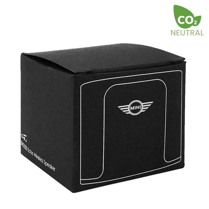 A black box containing the Echo Wireless Speaker, featuring a logo on the front and a CO2 neutral badge. A black box containing the Echo Wireless Speaker, featuring a logo on the front and a CO2 neutral badge.