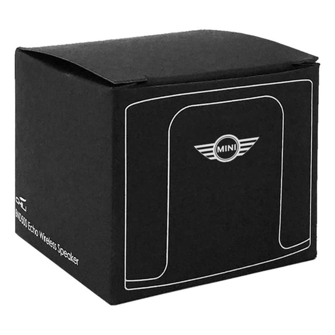 A black square box containing the Echo Wireless Speaker, featuring a logo on the front. A black square box containing the Echo Wireless Speaker, featuring a logo on the front.