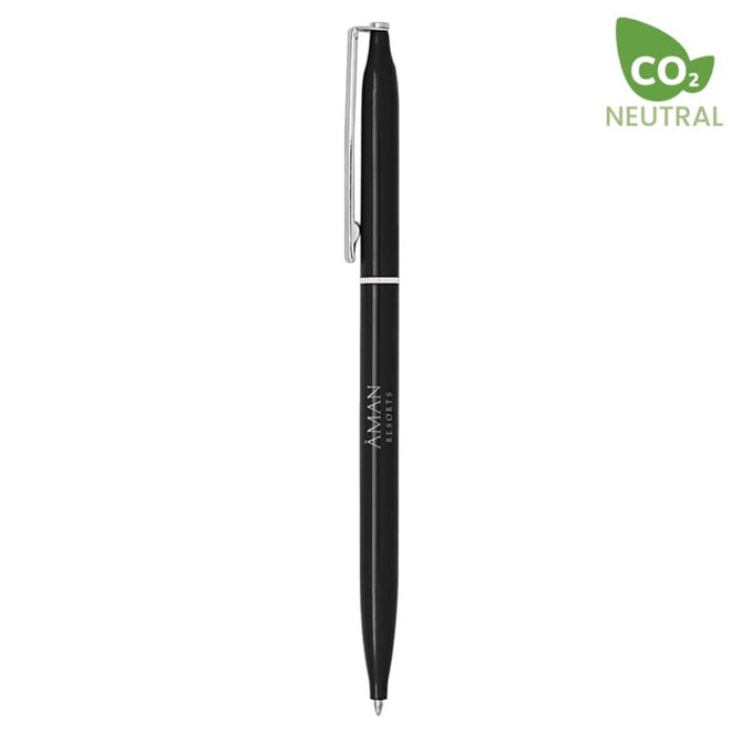 A black metal pen with a silver clip and a branding logo on the side.