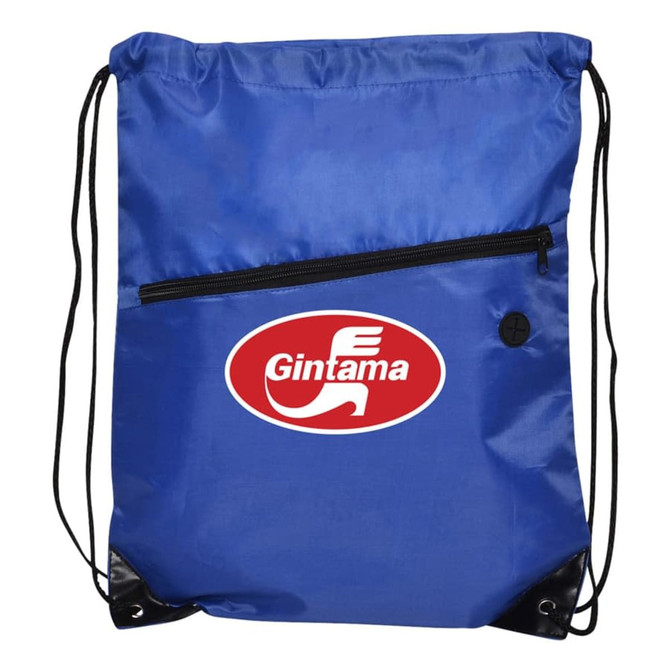 A blue drawstring bag with a zippered pocket and a logo on the front. Black straps are attached for carrying.