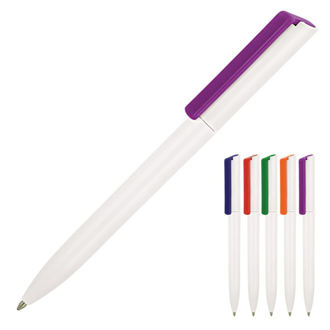 A white ballpoint pen with a purple cap, accompanied by four other pens in different colours. Features a logo.
