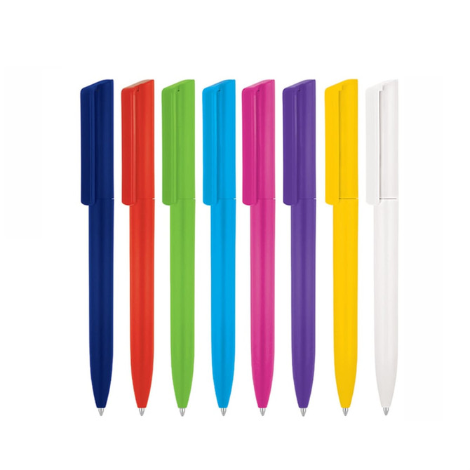 A collection of plastic ballpoint pens in various colours: blue, red, green, teal, pink, yellow, purple, and white.