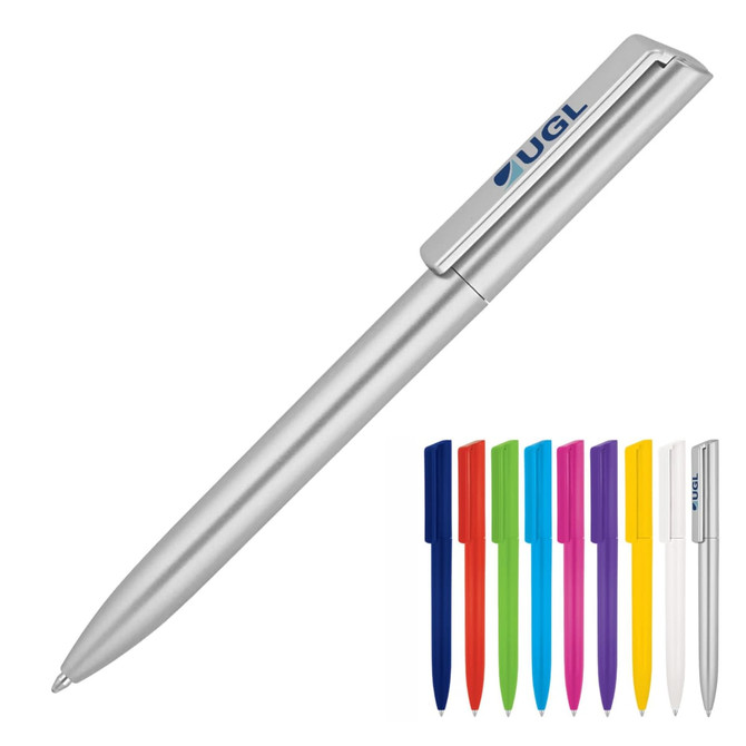 A ballpoint pen with a silver body and multiple coloured caps including blue, red, yellow, green, pink, and purple.