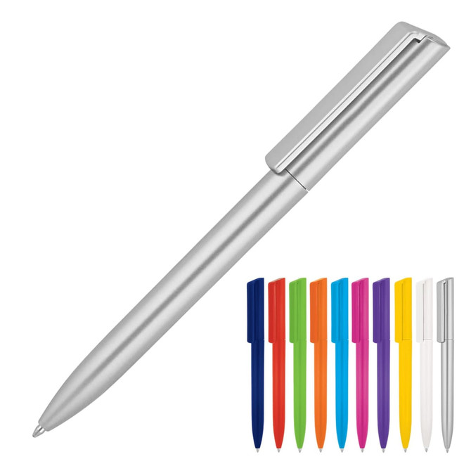 A ballpoint pen with a sleek silver body and a variety of coloured pen tops including red, blue, green, and yellow.