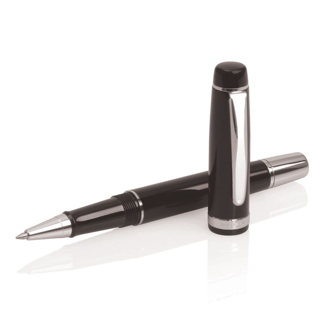 A black metal rollerball pen with a shiny silver accent, resting next to its cap. The pen features a logo.