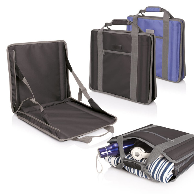A collection of stadium seat carry bags in grey and blue, featuring straps, a zippered pocket, and an open seating area.