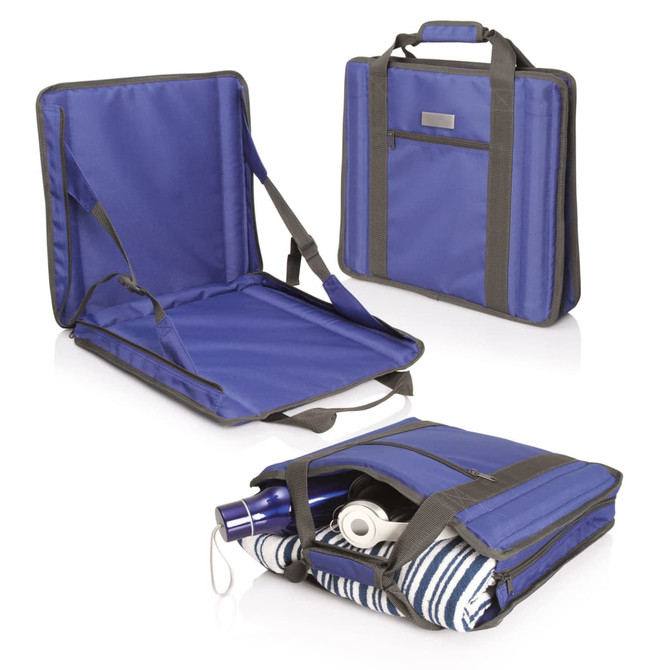 A blue carry bag with handles, featuring an unzipped compartment revealing a drink bottle and headphones inside.
