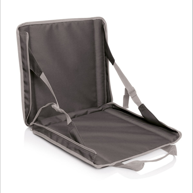 A grey stadium seat carry bag with adjustable straps and a handle, fully opened to show the interior.