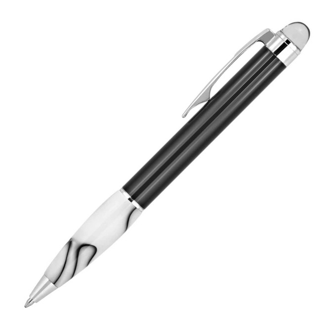 A metal ballpoint pen in black and white marble design with a chrome clip and accents.