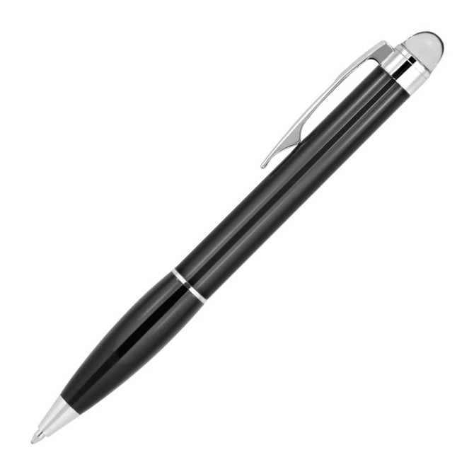 A black metal ballpoint pen with a sleek design and chrome accents. It features a clip for easy carrying.