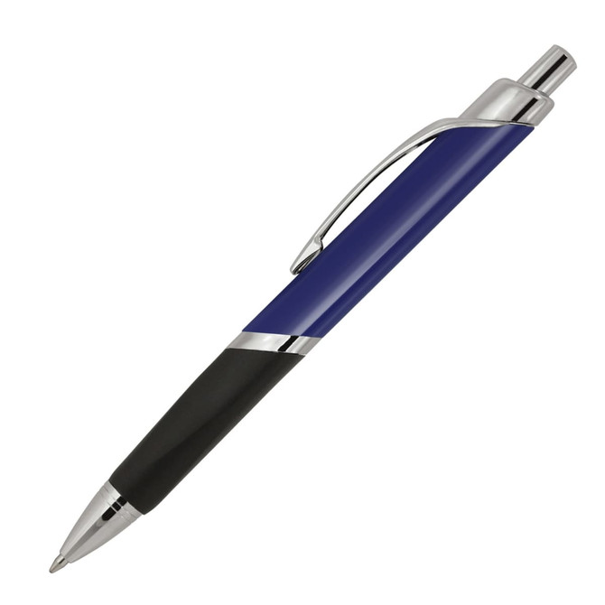 A blue ballpoint pen with a chrome clip and a rubberised black grip, featuring a logo.