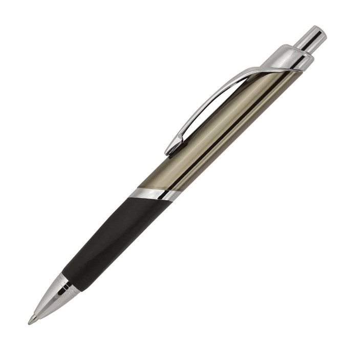 A sleek ballpoint pen in silver and black with a polished finish and a chrome clip.