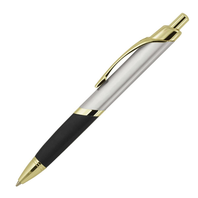 A metal ballpoint pen with a silver and black finish, featuring gold accents and a clip.