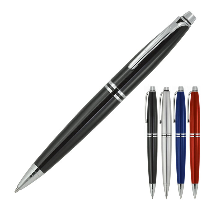A sleek black ballpoint pen with a metallic clip, accompanied by silver, blue, and red versions. Features a logo.