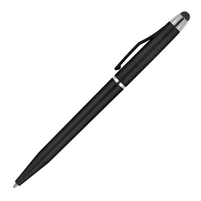 A black ballpoint pen with a stylus tip, featuring a silver accent and a clip for easy attachment.